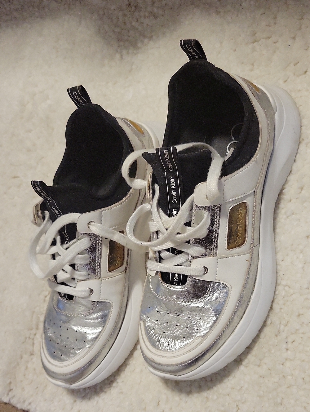 Calvin Klein White, Silver & Gold Women's Lace-Up Sneakers